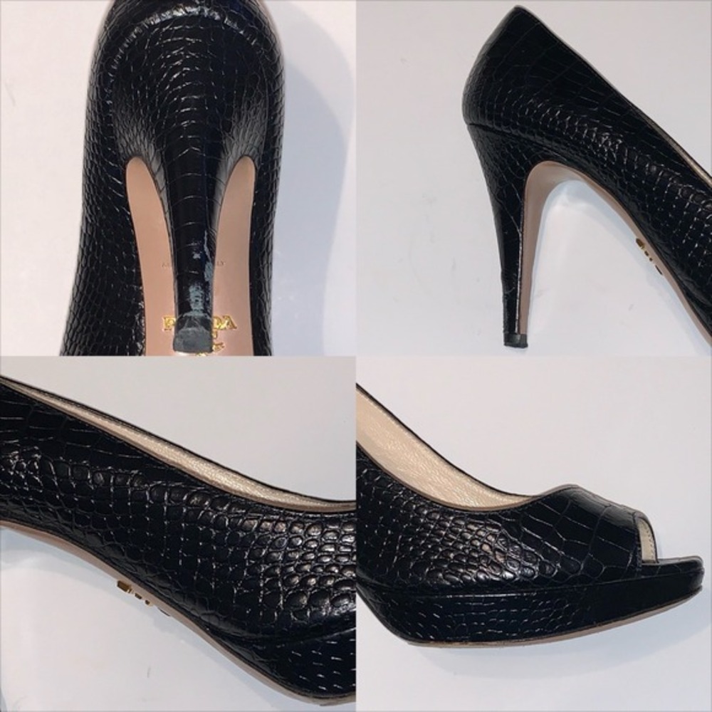 Vtg Prada Sz 36.5 Black Crocodile Embossed Leather Peep Toe Platform Pumps Heels - Picture 13 of 16